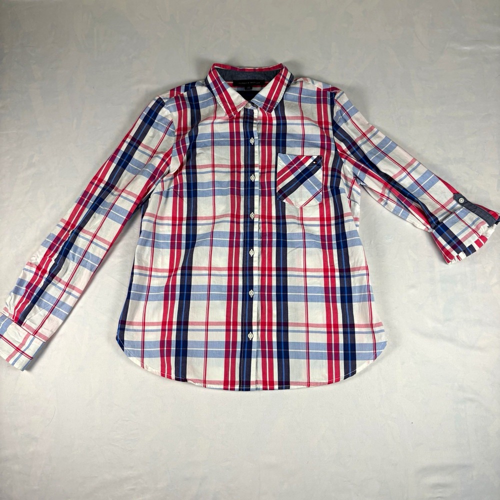 Tommy Hilfiger Women's Cotton Woven Plaid Button-Up Shirt Pockets S Red/Blue